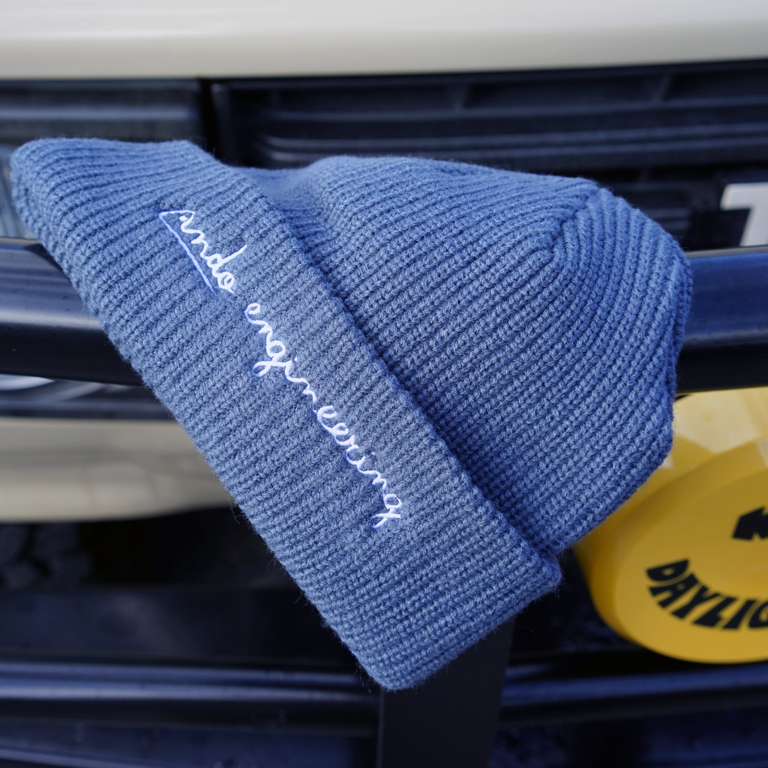 Ando Engineering workshop beanie in dusty blue designed for automotive enthusiasts and workshop wear