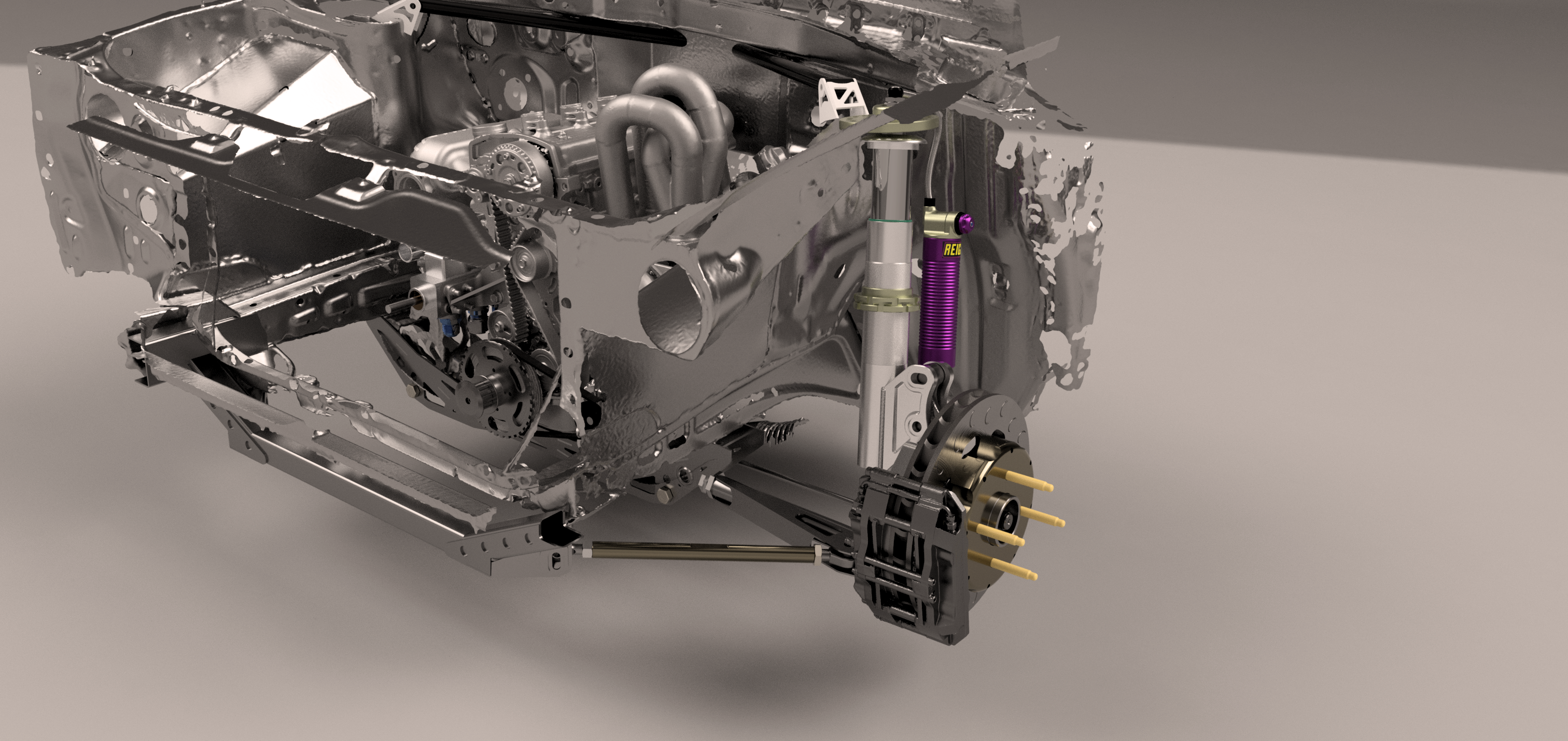 3D CAD model of complete motorsport front-end assembly showing suspension, subframe and integrated engineering design