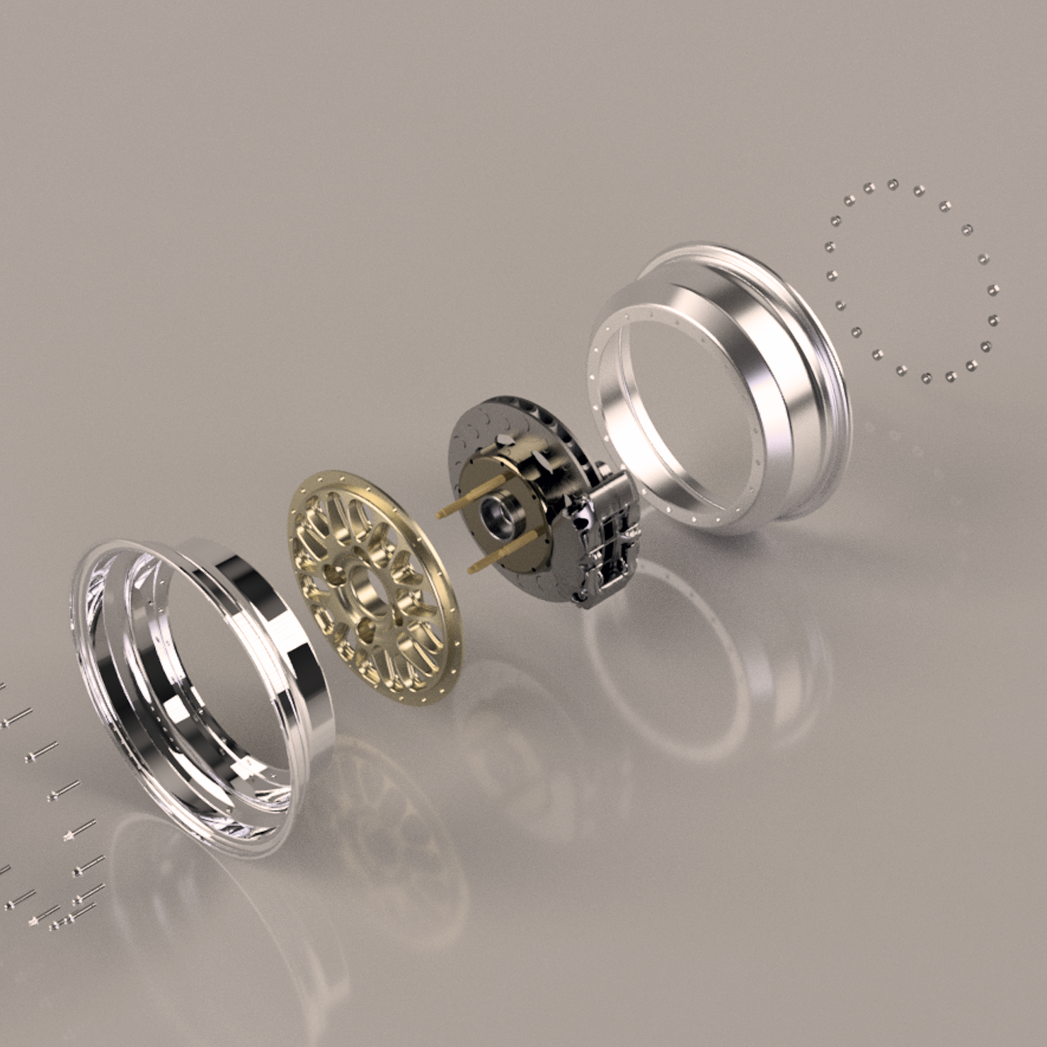 Exploded 3D CAD model of custom motorsport wheel assembly showing component design and engineering development