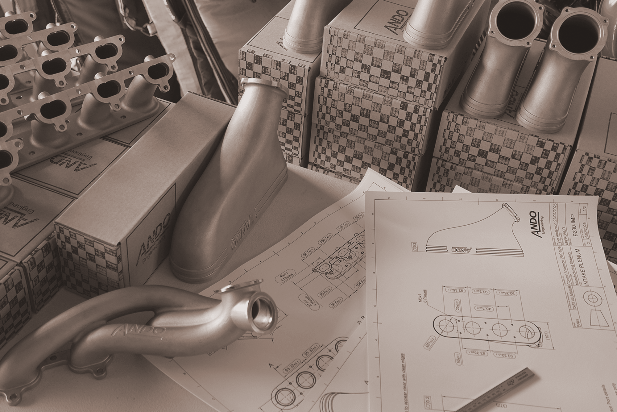 Technical drawings and Ando Engineering performance parts during product quality control and inspection