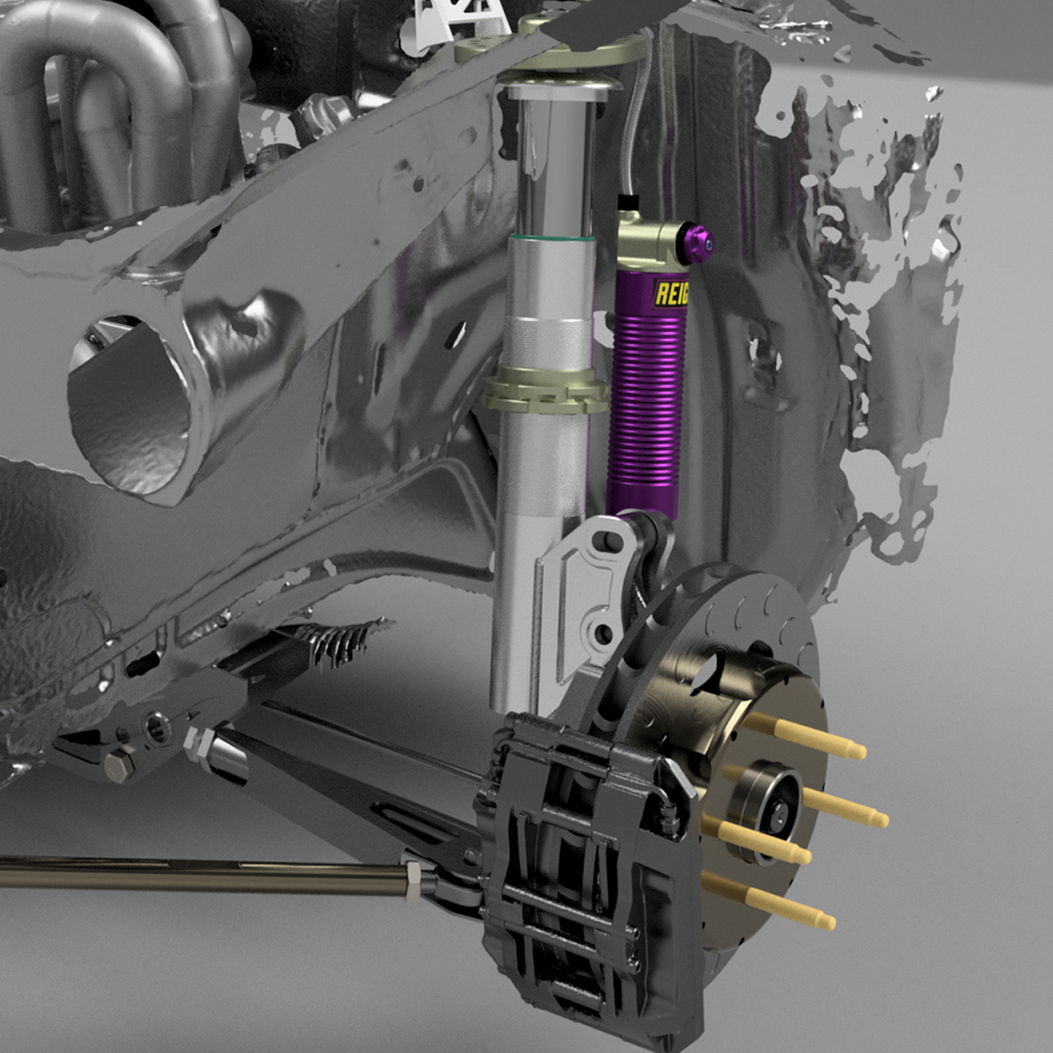 CAD suspension assembly for modified rally vehicle showing custom upright, suspension and brake system design