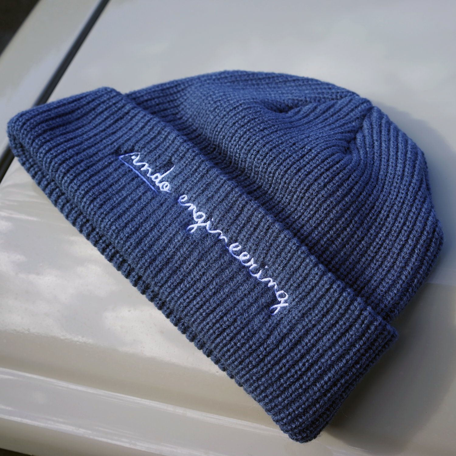 Petrol blue Ando Engineering beanie for workshop, automotive and everyday use